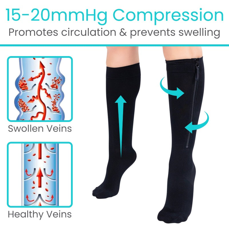 Zippered Knee High Compression Stockings 15-20mmHg