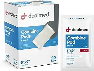 Roll over image to zoom in        Dealmed 5" x 9" Abdominal (ABD) Combine Pads, Sterile, Individually Wrapped, Disposable, Latex-Free Wound Dressing for First Aid Kit and Medical Facilities, 20/Box (Pack of 1) Online Price Only
